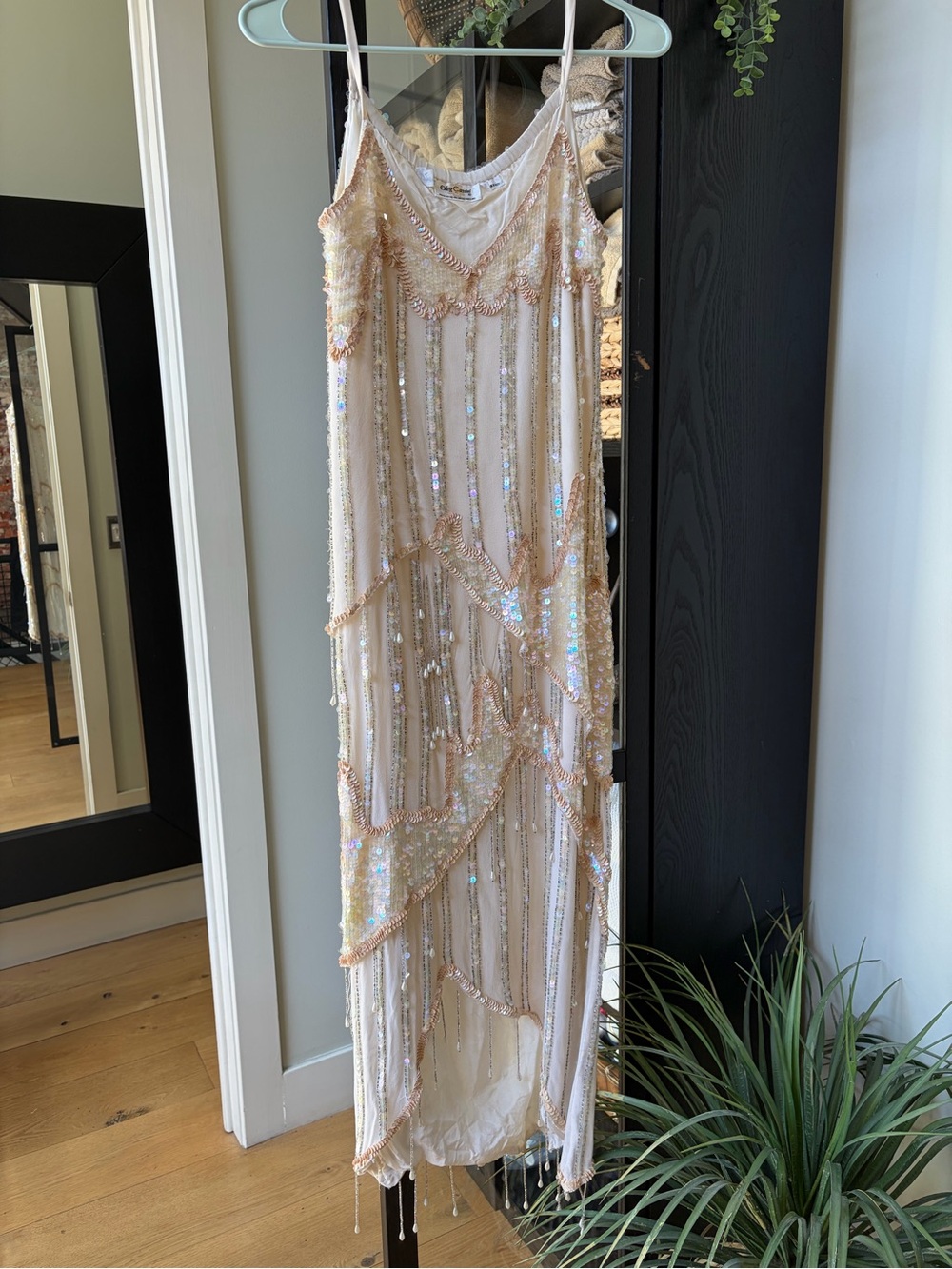 Oleg Cassini Champagne Sequin Beaded Maxi Slip Dress Flapper